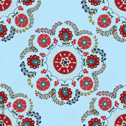 Seamless suzani pattern - traditional carpet pattern, traditional art in Central Asia, used in the Home decor and fashion industry. Suzane. Embroidery textile product. 
