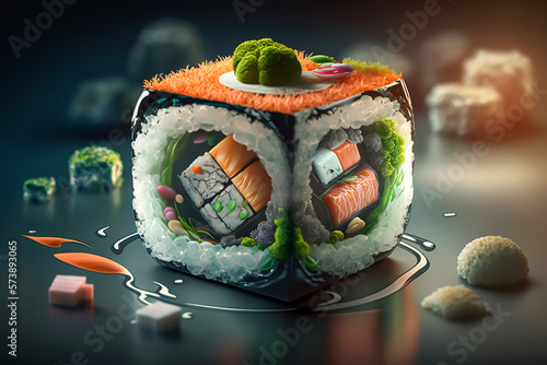 Sushi masterpiece, incredible and awesome sushi piece, of the future or fantasy mind, generative ai