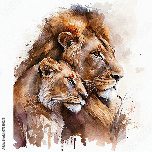 Leos. A lion and a lioness. Color, digital portrait of lions in love in watercolor style on white background. AI generated assisted finalized in Photoshop by me.