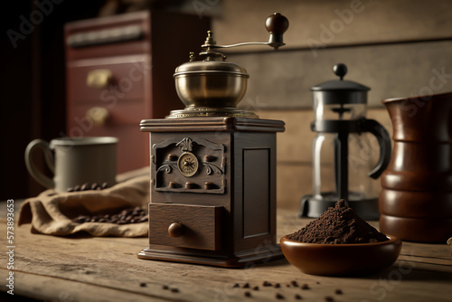 old coffee grinder in a kitchen background, small kitchen appliances, home and restaurant, generative ai