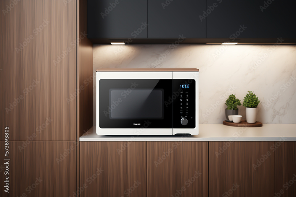 Fototapeta premium Small appliances technologies in a white and wooden modern kitchen, small kitchen appliances, home and restaurant, generative ai
