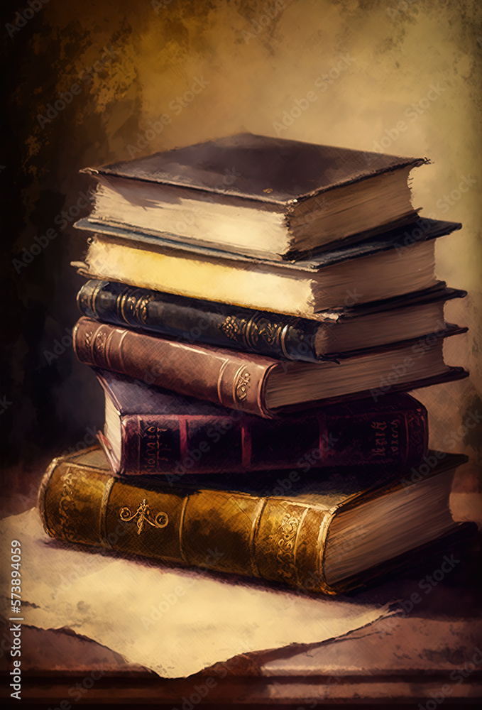 Stack of books, oil painting style, neutral tones, victorian era. Generative AI. Stack of books, oil painting style, neutral tones, victorian era. Generative AI.