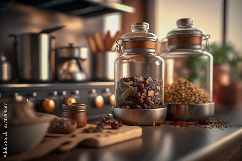 Jars of spices in a kitchen bacground, wooden table, generative ai Jars of spices in a kitchen bacground, wooden table, generative ai