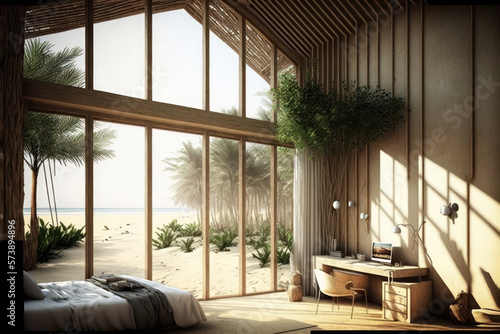 Eco-Friendly Living: A Room with Natural Light and Sustainable Furnishings. Generative AI © zzzz17