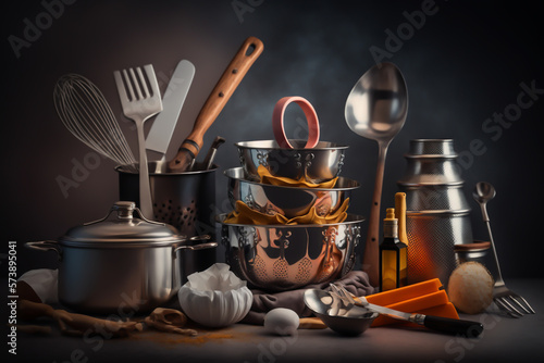 cooking tools in a kitchen background, small kitchen appliances, home and restaurant, generative ai