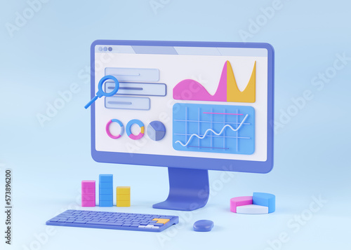 Seo 3d research render illustration -data analytics creative concept. Social media web infographic design
