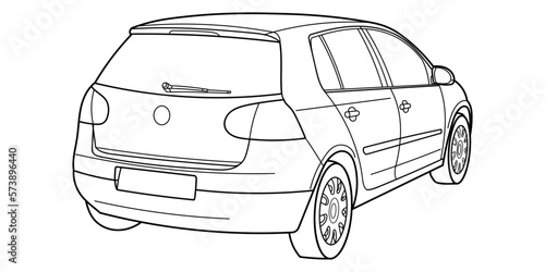 Outline drawing of a hatchback car from side view. Classic style. Vector outline doodle illustration. Design for print or color book
