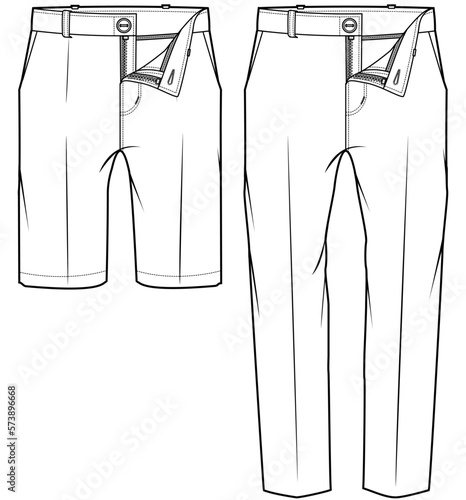 mens chino pant and chino shorts flat sketch vector technical cad drawing template