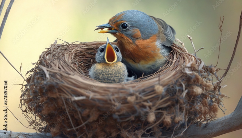 a bird is feeding its young in a nest on a tree branch in the sun, with ...