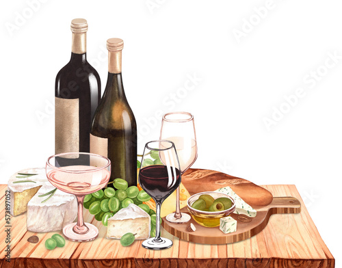Watercolor white wine bottle, fresh ripe grapes, cheese on the wood table. Hand draw background with food objects for picnic.Concept for wine list, label, banner, menu, flyer, brochure template