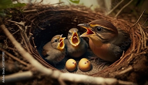  a group of birds sitting in a nest with their beaks open and mouths wide open, with eggs in front of them, and one bird's mouth open.  generative ai © Shanti
