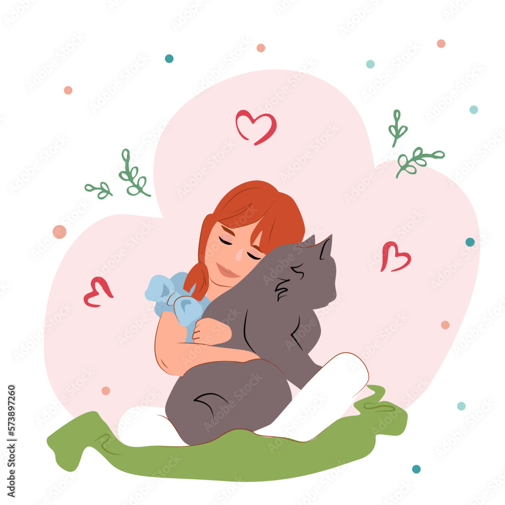 Girl hugging a fluffy cat. Cat love. Vector illustration for National Pet Month.