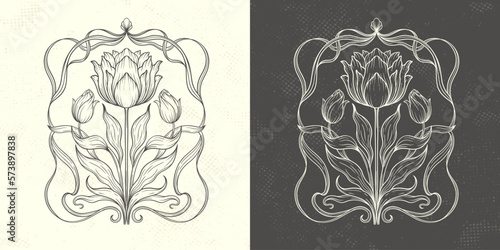 Frame with a tulip in the style of Art Nouveau. Beautiful vintage floral composition 1920-1930 years.