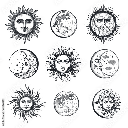 Moon and sun, hand drawing in engraving style set