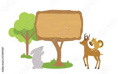 木製の案内板／お知らせ／掲示板のイラストを見る森の動物たち（デフォルメ）
