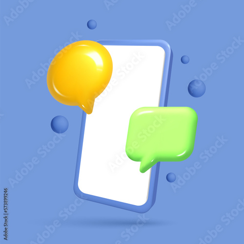 3d realistic mesh smartphone vector icon with chat bubble social media. Mobile with text frame. Incoming mail notify, newsletter and online email concept illustration phone message dialogue
