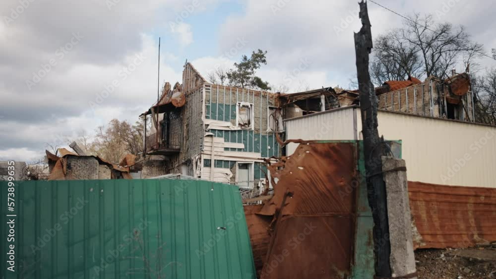 destroyed building, Ukraine bombing, ruins of house. In aftermath of ...