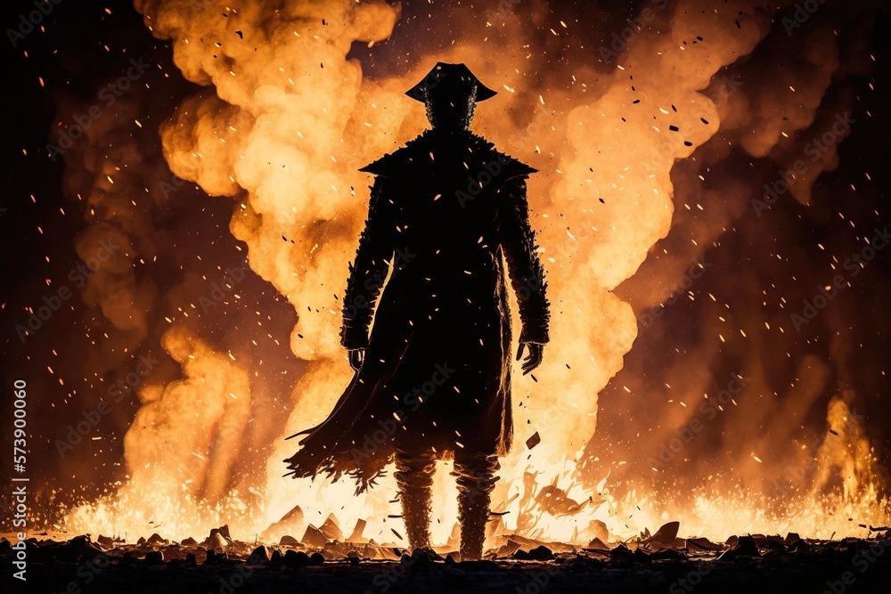 A man standing in front of a fire with a hat on his head and a coat on ...