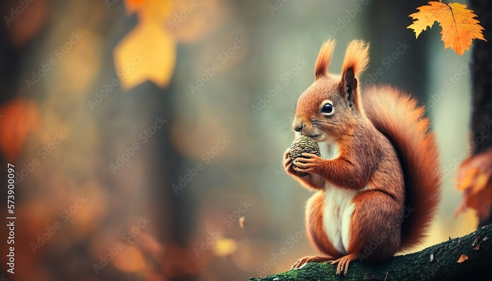 a red squirrel eating a pine cone in a forest with autumn leaves on the ground and on the tree trunk, with a blurred background of yellow and orange leaves. generative ai a red squirrel eating a pine cone in a forest with autumn leaves on the ground and on the tree trunk, with a blurred background of yellow and orange leaves. generative ai