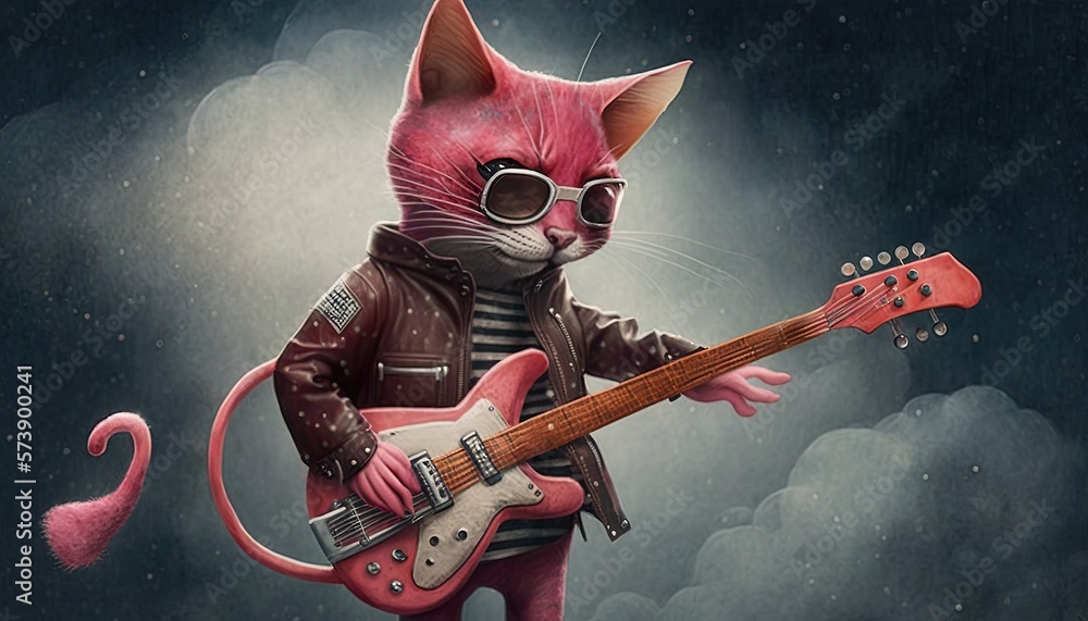  a pink cat with a guitar in its's paws and wearing a leather jacket and sunglasses, standing in front of a dark background.  generative ai