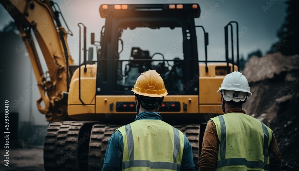  two construction workers standing in front of a bulldozer at a construction site in the evening hours of the day with the lights on.  generative ai