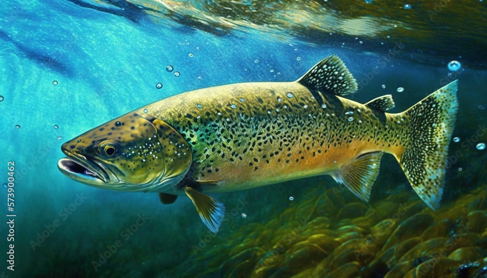 a large brown fish swimming in the water with bubbles on it's body and a large amount of water around it's surface. generative ai a large brown fish swimming in the water with bubbles on it's body and a large amount of water around it's surface. generative ai