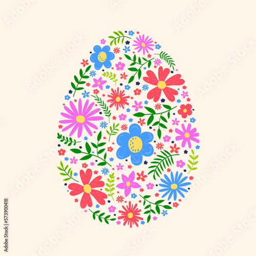 Colourful Easter egg with hand drawn flowers. Concept of a background. Vector illustration