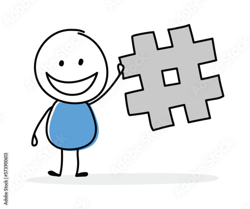 Happy cartoon stickman holding hash sign icon. Hand drawn design for a business presentation. Vector illustration