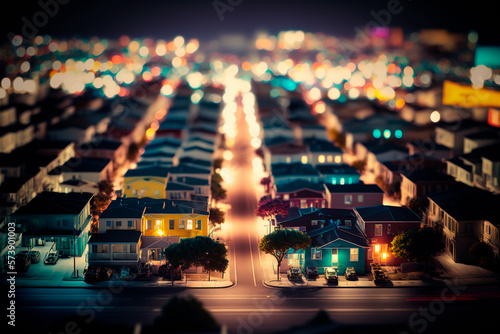Night lights scene of city with houses, roads, cars, photorealistic tilt shift, long exposure effect horizontal illustration. Abstract urban night light bokeh defocused background. Ai generative