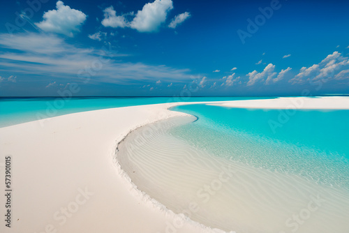 Sunny tropical Caribbean beach with turquoise water, caribbean island vacation, hot summer day. Generative ai illustration