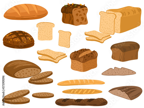 Bread vector collection. Cuisine cartoon bakery food, wheat bread, pretzel, cupcake, pita bread, ciabatta, croissant, bagel, toast bread, french baguette for bakery menu design. Cartoon illustration. 