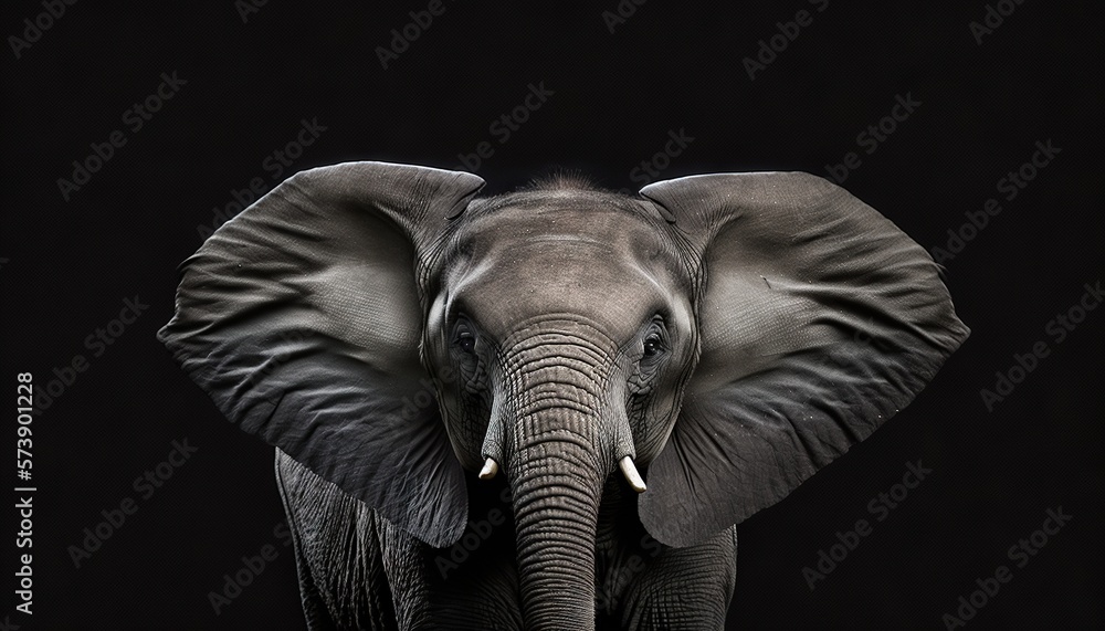  an elephant with tusks standing in the dark with its trunk up in the air and its eyes closed, with a black background.  generative ai