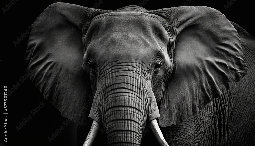  a black and white photo of an elephant with tusks and tusks on it's ears and tusks, with a black background.  generative ai
