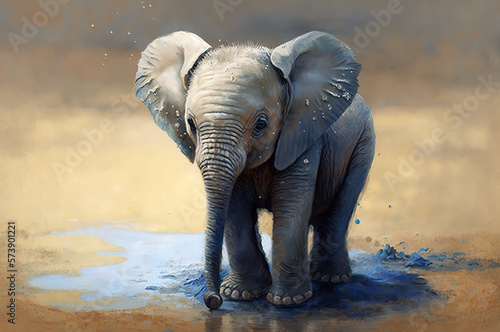 Baby elephant playing in mud  oil paint style  pale neutral colors  blue tones  vintage. Generative AI.