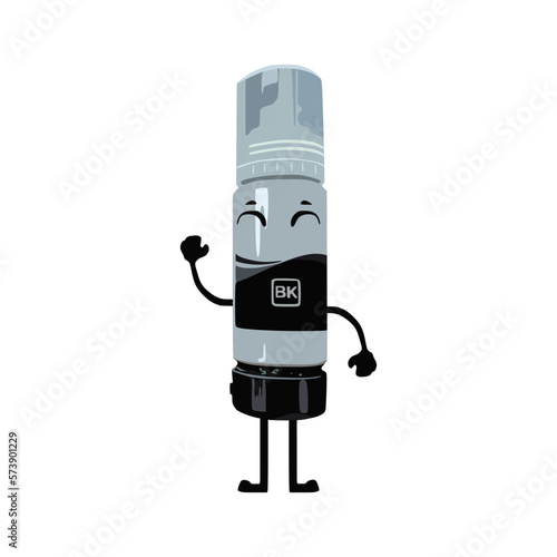 Cute black printer ink bottle character vector illustration, cmyk ink, in flat cartoon trendy design style. Spill-resistant ink bottles. ecotank. Editable graphic resources for many purposes.