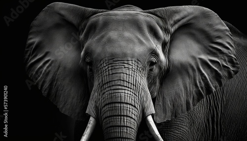  a black and white photo of an elephant with tusks and tusks on it's ears and tusks, with a black background.  generative ai © Shanti