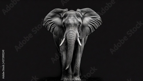  an elephant standing in the dark with its tusks curled up and tusks curled up in the back of its head,. generative ai