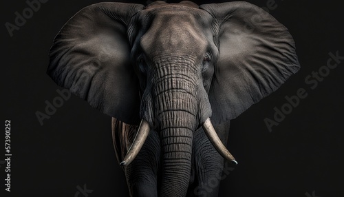  an elephant with tusks standing in a dark room with its trunk curled up and tusks curled up in front of its face. generative ai