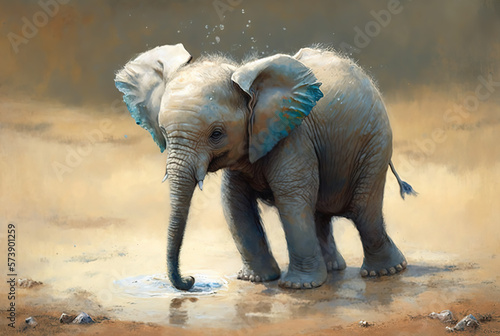 Baby elephant playing in mud  oil paint style  pale neutral colors  blue tones  vintage. Generative AI.