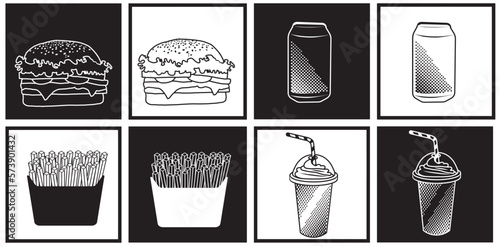 Fast food cartoon set. Snack bar food with sandwich, soda, french fries and milkshake. Vector illustration.