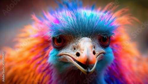  a close up of a colorful bird with a big beak and a very long beak, with a blue, orange, and pink hair.  generative ai