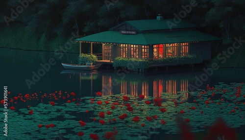 Fotografia a house sitting on top of a body of water next to a lush green forest filled with red water lillies and a boat in the water