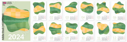 Classic monthly 2024 eco green calendar mockup or 24 year agriculture kalender template on english. Week start on Monday. Vertical ecology planner layout. European English Gregorian annual calender
