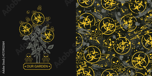 Set of pattern, surreal label with biological hazard symbol, skulls and crossbones, text. Concept of war, disaster, destruction, danger of biological weapon. For apparel, fabric, textile design.