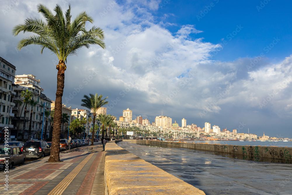Corniche of Alexandria, the seconds largest city in Egypt. Traditional Egyptian Architecture. Africa.