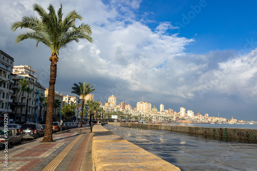 Corniche of Alexandria  the seconds largest city in Egypt. Traditional Egyptian Architecture. Africa.