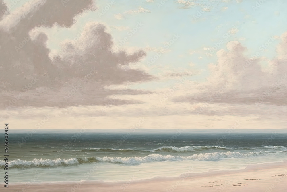 Ocean, coast, oil painting, impressionism, twilight, peaceful, clear cloudless sky, calm water, white sand, neutral coastal tones. Generative AI. Ocean, coast, oil painting, impressionism, twilight, peaceful, clear cloudless sky, calm water, white sand, neutral coastal tones. Generative AI.