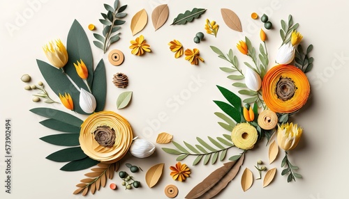  a circular arrangement of flowers and leaves on a white background with a button hole in the center of the image and a button hole in the middle.  generative ai photo