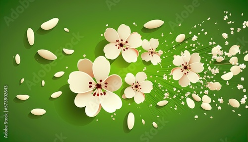  a green background with white flowers and petals on it s petals are falling down the center of the image and the petals are falling off of the petals.  generative ai