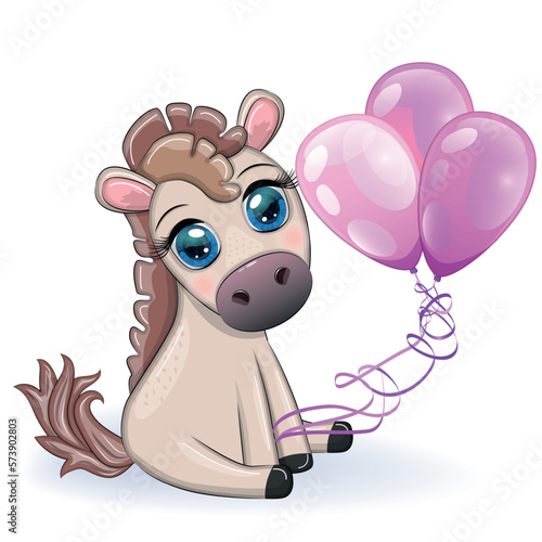 Cute cartoon horse, pony for card with flowers, balloons, heart